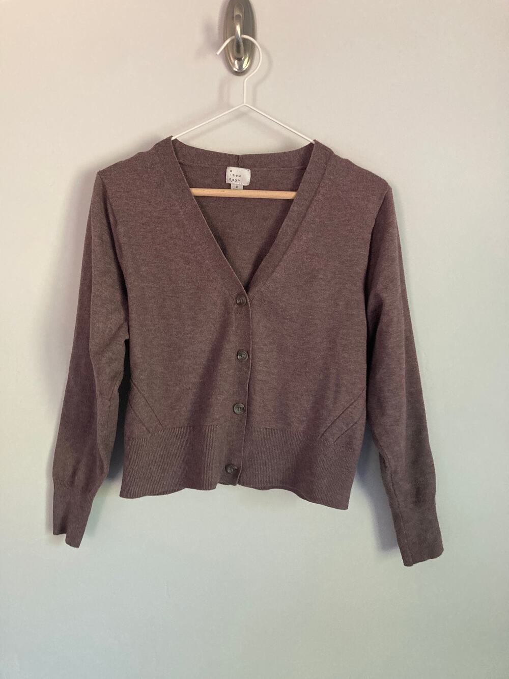 Plum Mauve Button Front Cardigan Sweater Fall Office Shirt Workwear